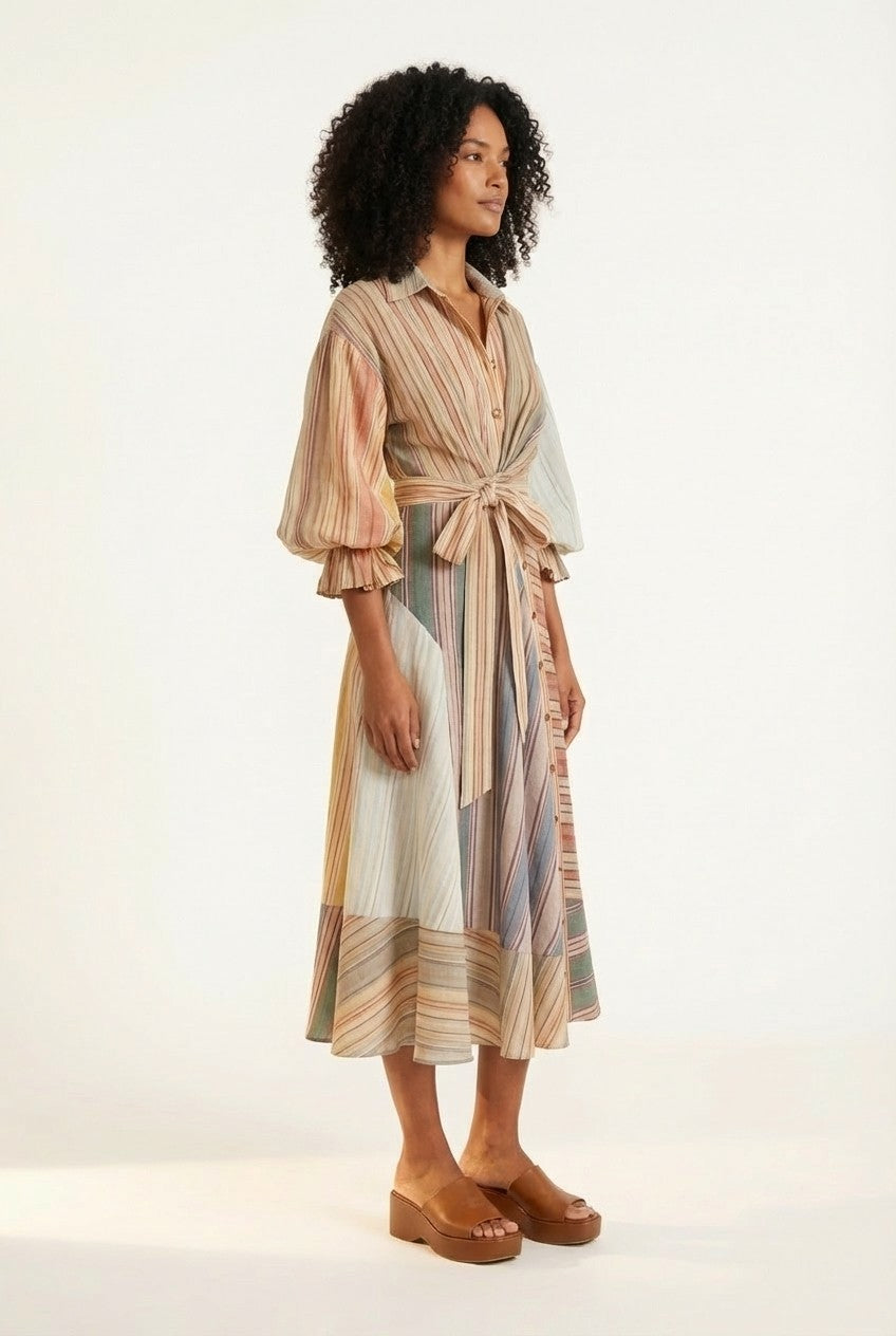 Striped Linen Blend Puff Sleeve Midi Shirt Dress Tie Waist