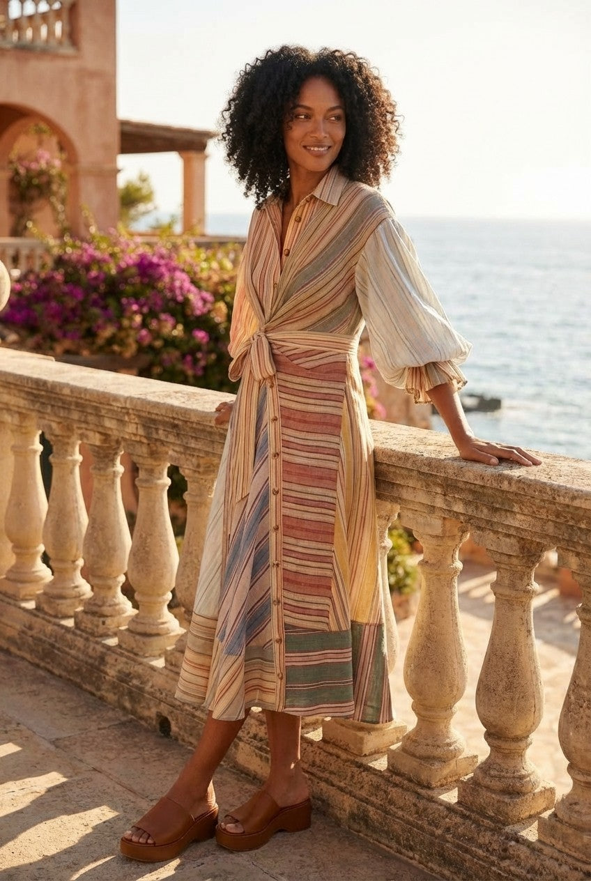 Striped Linen Blend Puff Sleeve Midi Shirt Dress Tie Waist