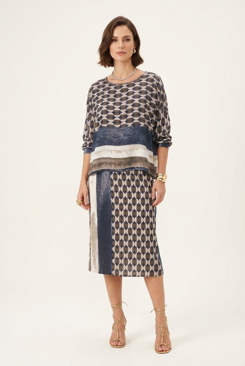 Abstract Print Blouse and Midi Skirt Set, Elegant Chic Style