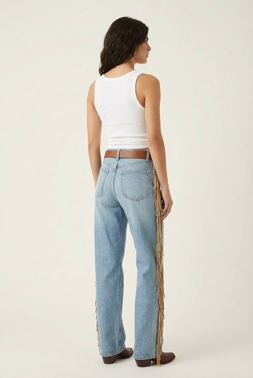 Light Wash Fringed Jeans Straight Leg Western Boho Style