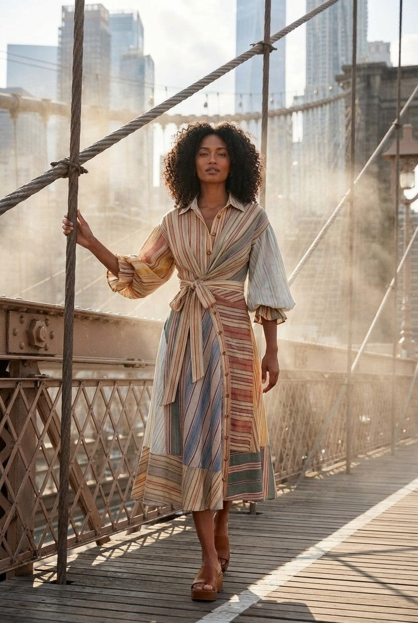 Striped Linen Blend Puff Sleeve Midi Shirt Dress Tie Waist