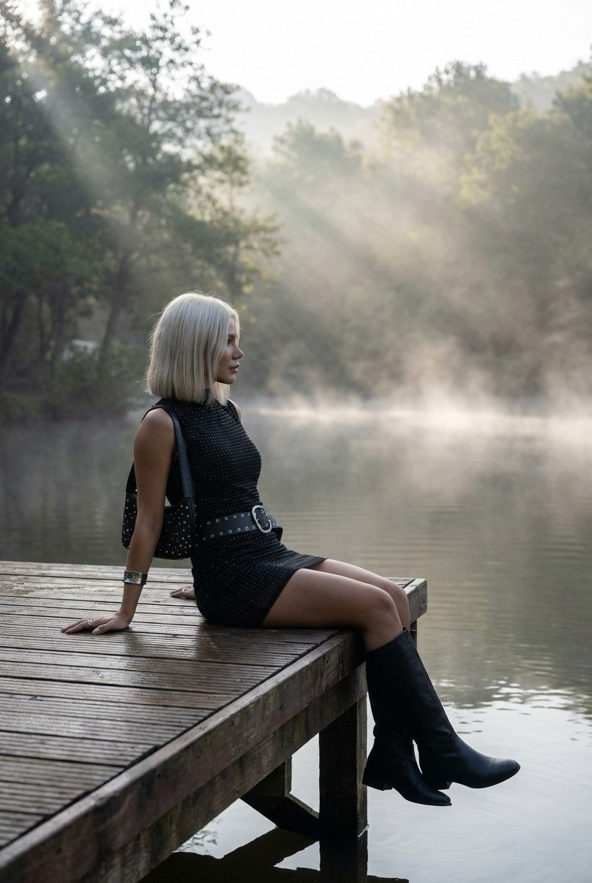 Rhinestone Studded Mock Neck Mini Dress Slim Fit Party Glam