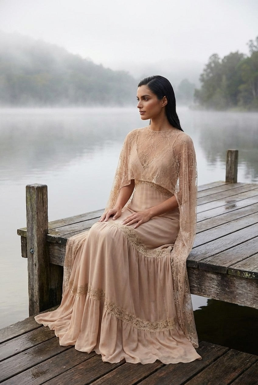 Floral Lace Cape Maxi Dress Flowing Tiered Formal Gown