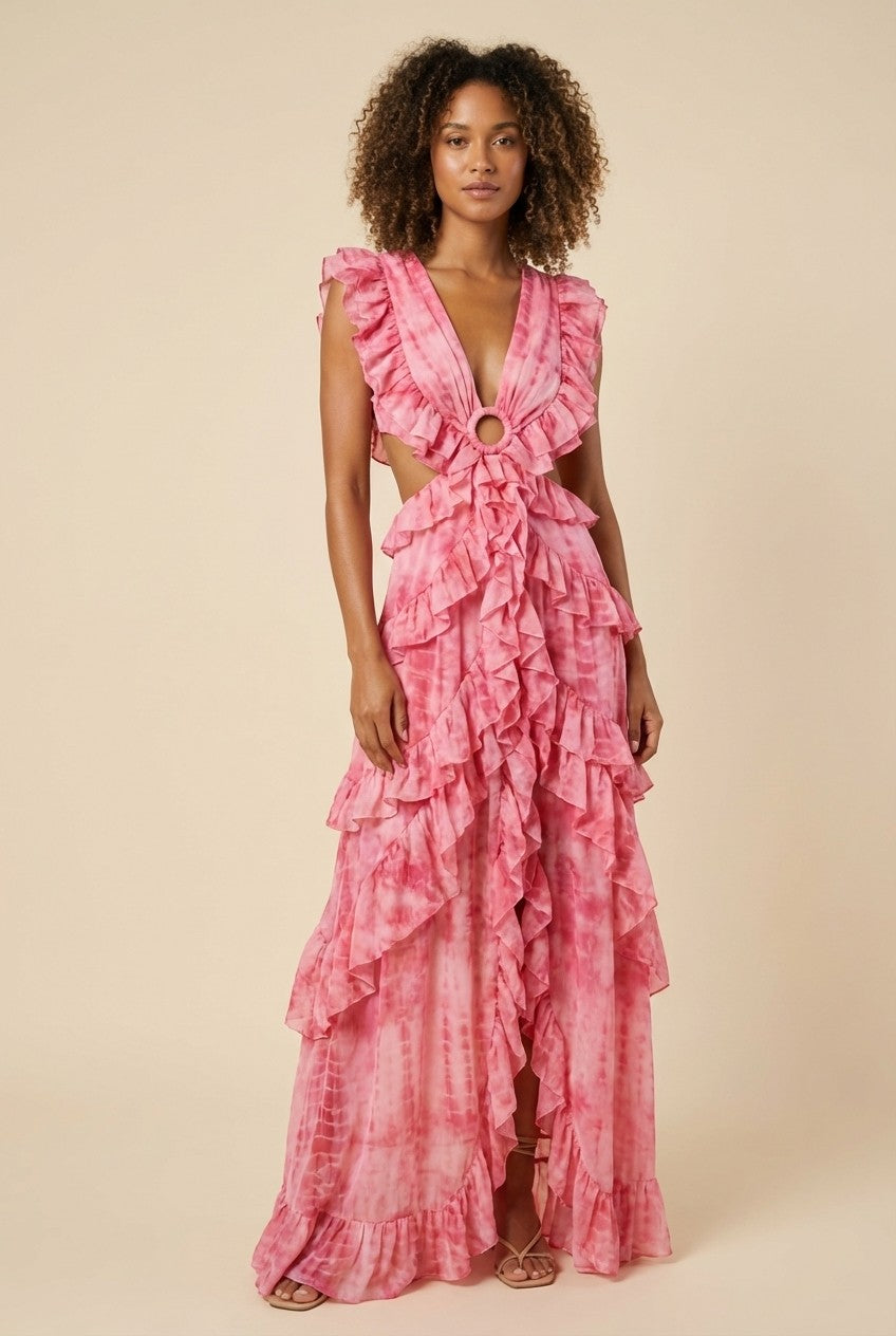 Pink Tie-Dye Ruffle Maxi Dress Ring Detail Cutout Vacation Gown