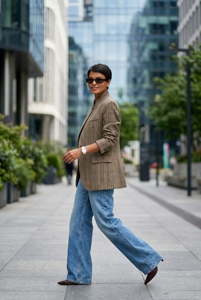 Textured Plaid Asymmetrical Blazer Stand Collar Tailored Jacket