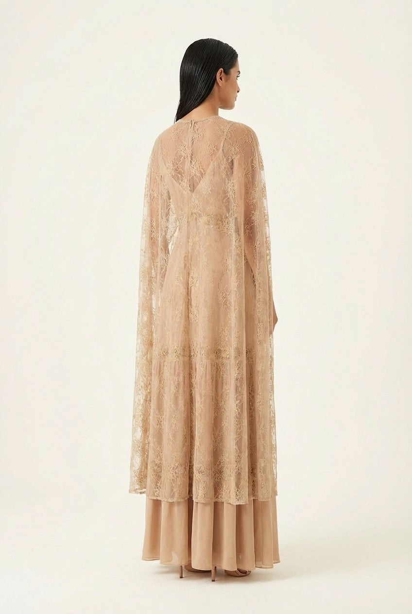 Floral Lace Cape Maxi Dress Flowing Tiered Formal Gown