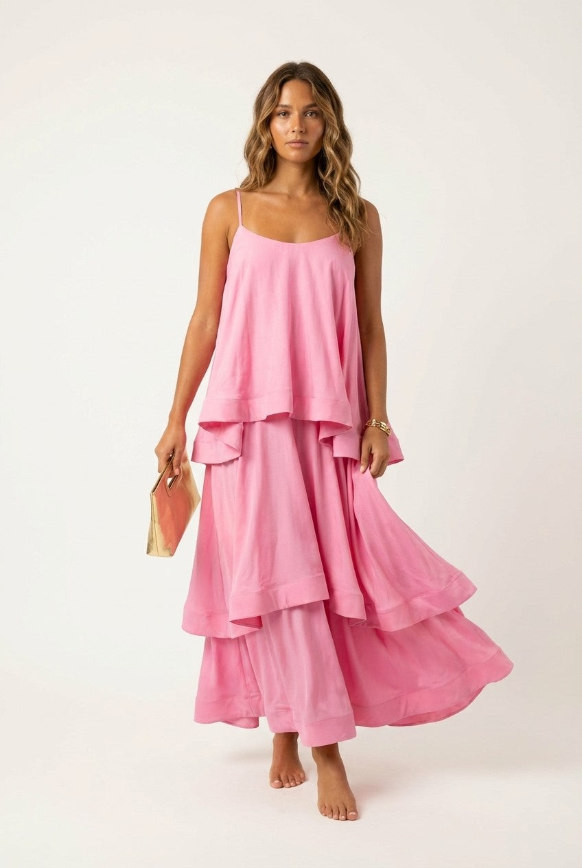 Blossom Pink Tiered Maxi Dress Flowy Spaghetti Strap Resort Style
