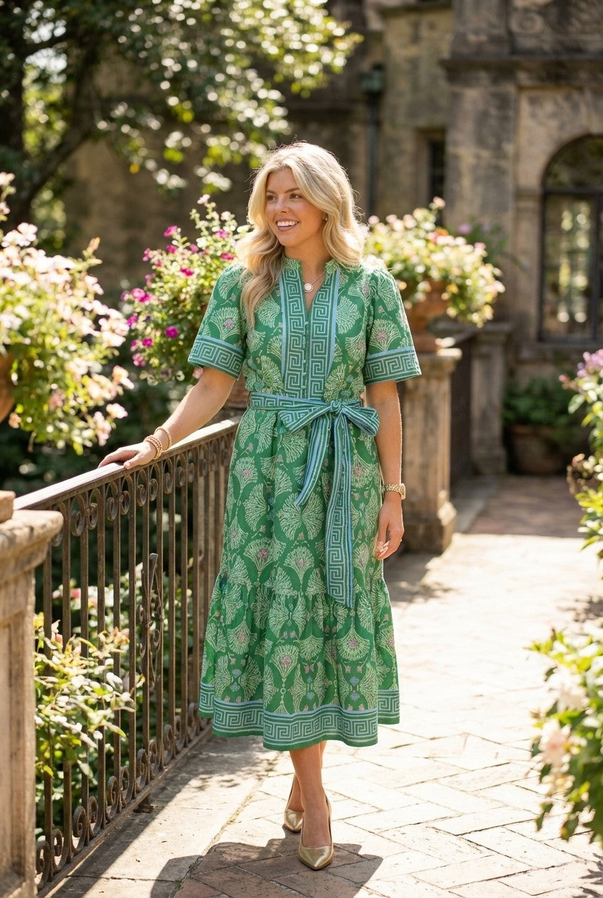 Women's Printed Cotton Midi Dress Belted Tiered Garden Party Style