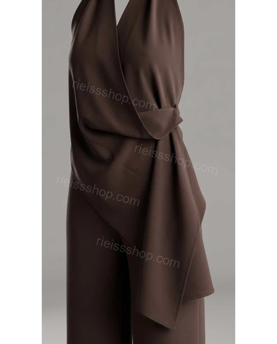 Dark Brown Lustre Wedding Guest Halter Jumpsuit Dark Brown Jumpsuit with Wide-Leg silhouette and Textured texture, additional styling view for Wedding Guest, a gallery evening, Fall current summer selling first with a light late-summer/pre-fall accent: ma by rieissshop