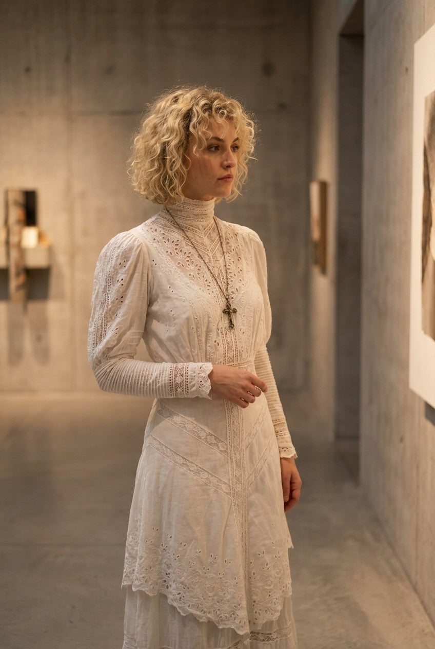 Women's Victorian Eyelet Lace Maxi Dress High Neck Romantic Vintage Style