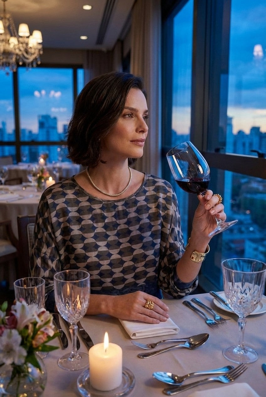 Abstract Print Blouse and Midi Skirt Set, Elegant Chic Style