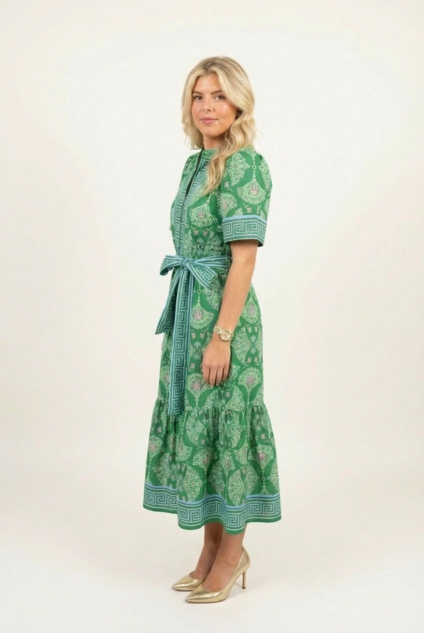 Women's Printed Cotton Midi Dress Belted Tiered Garden Party Style