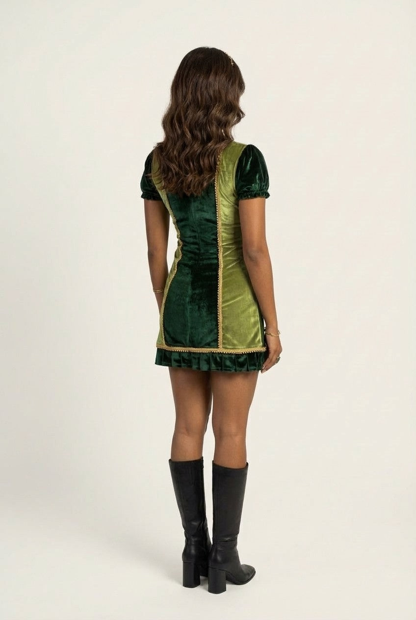 Paneled Velvet Mini Dress Gold Trim Puff Sleeve Fantasy Style