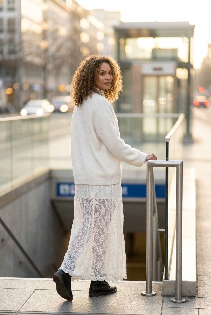 Soft Knit Sweater and Floral Lace Maxi Dress Set, Cream White