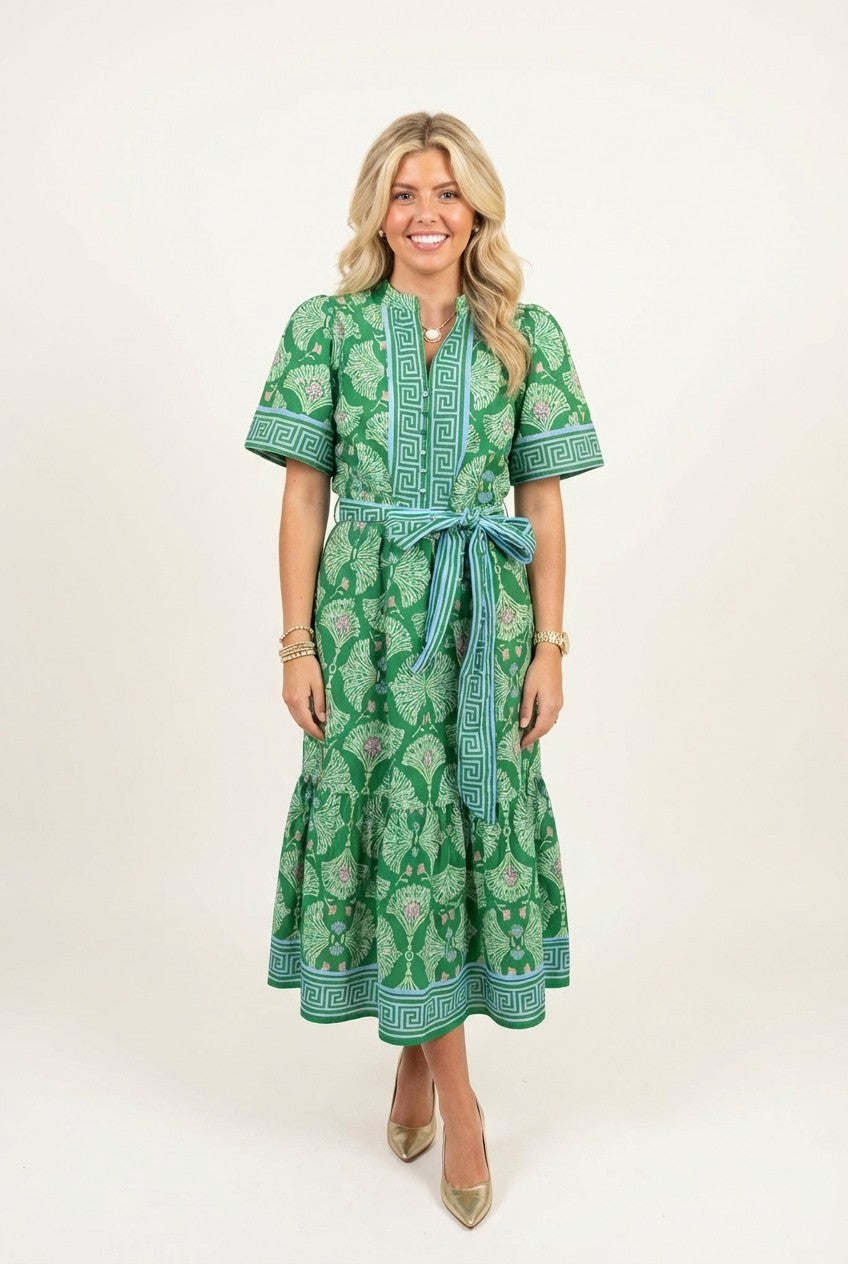 Women's Printed Cotton Midi Dress Belted Tiered Garden Party Style