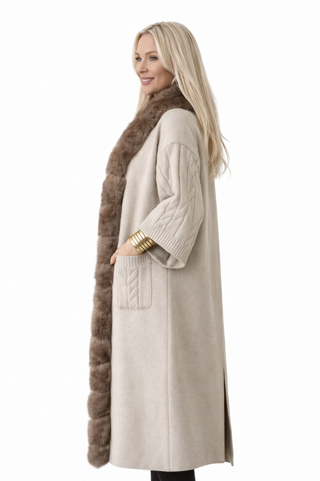 Cable-knit poncho coat