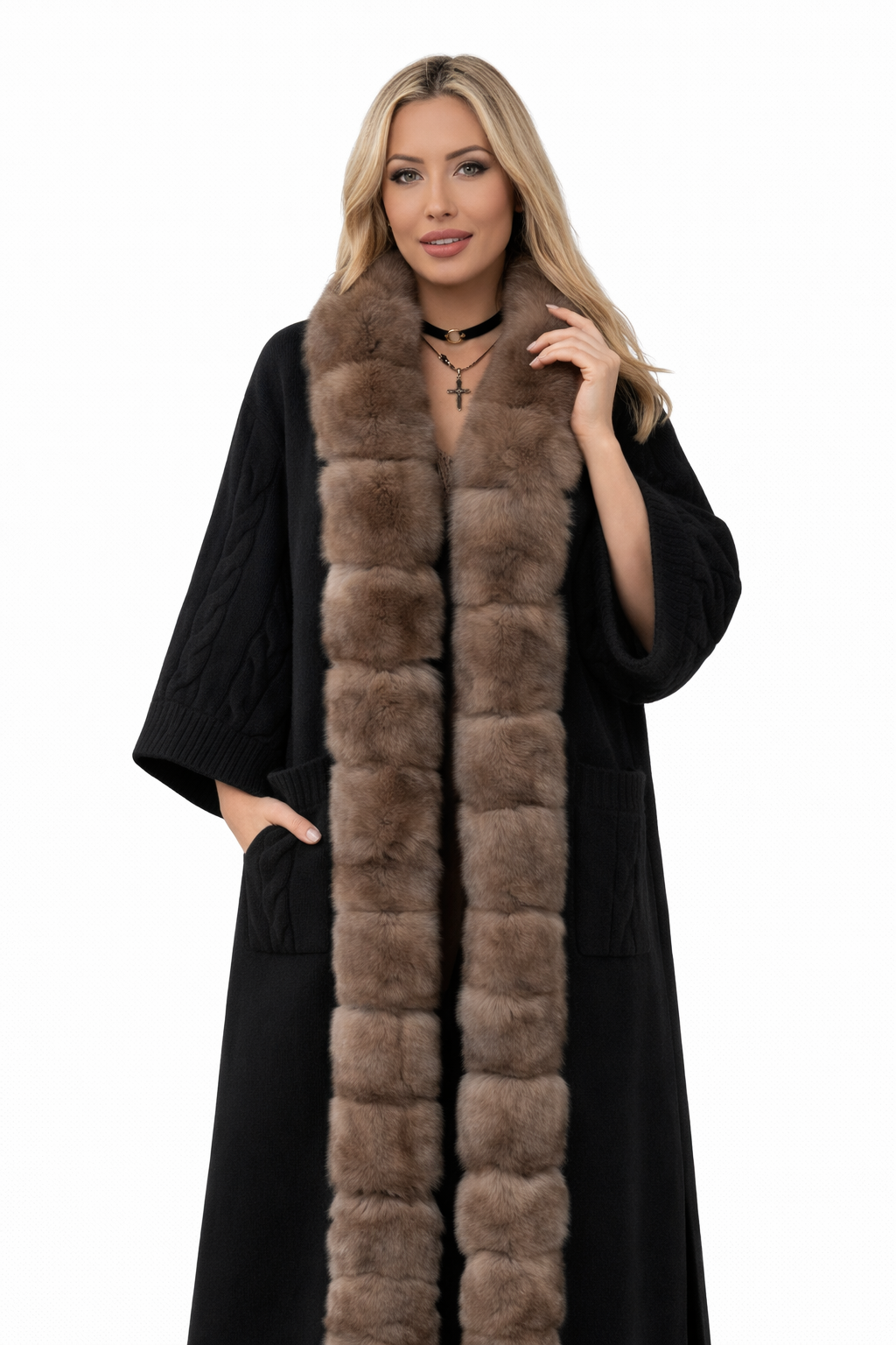 Cable-knit poncho coat