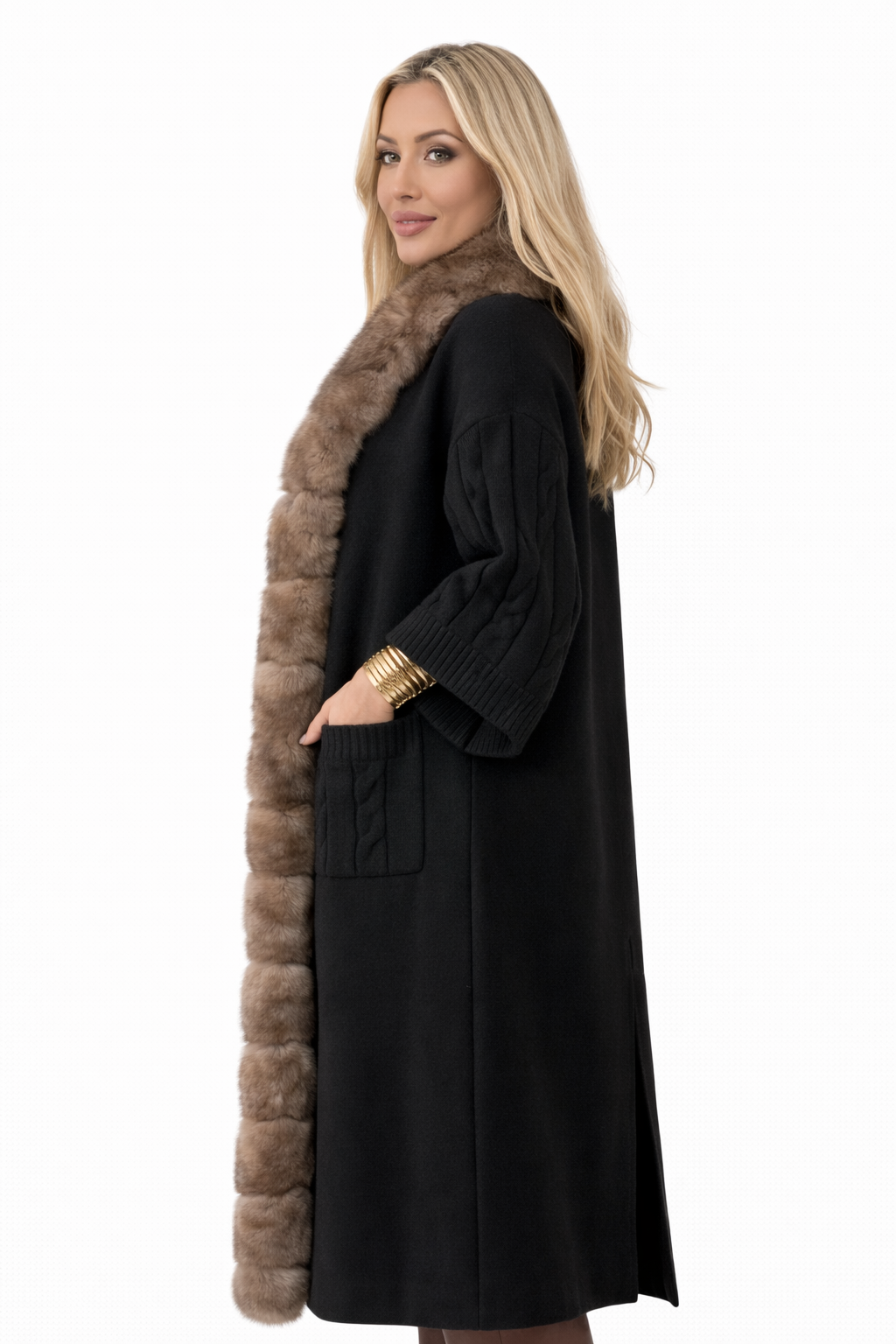 Cable-knit poncho coat