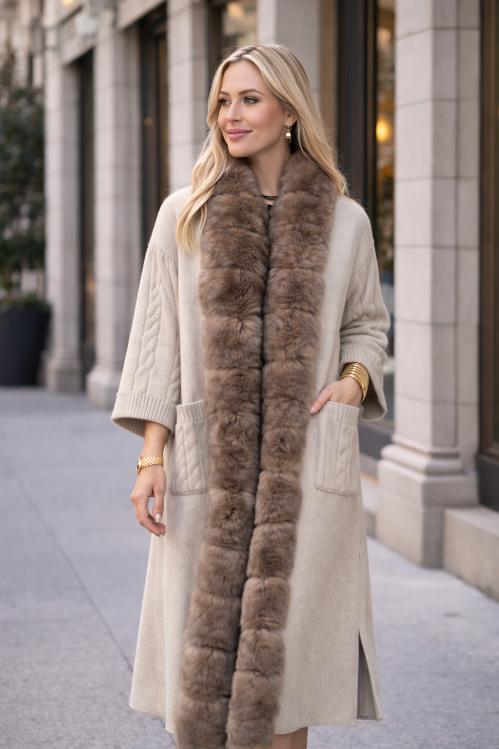 Cable-knit poncho coat