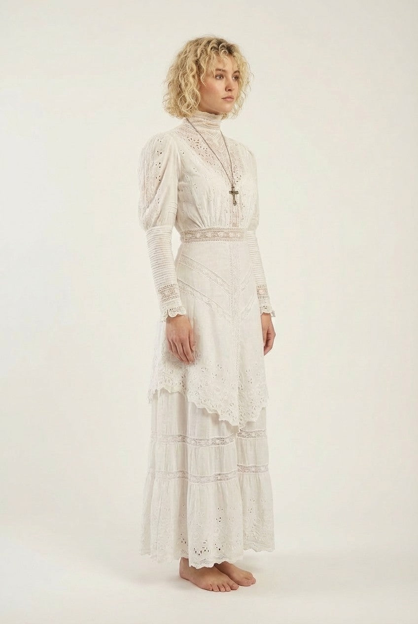 Women's Victorian Eyelet Lace Maxi Dress High Neck Romantic Vintage Style