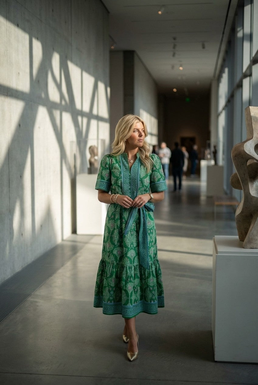 Women's Printed Cotton Midi Dress Belted Tiered Garden Party Style