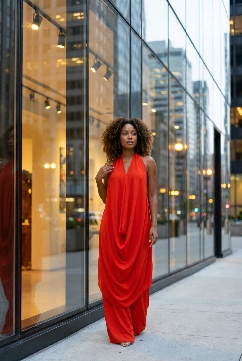 Draped Chiffon Halter Tunic and Wide Leg Pants Set, Resort Chic