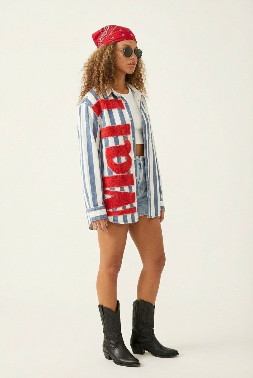 Howdy Western Striped Two-Piece Set – Oversized Shirt & High-Waisted Shorts