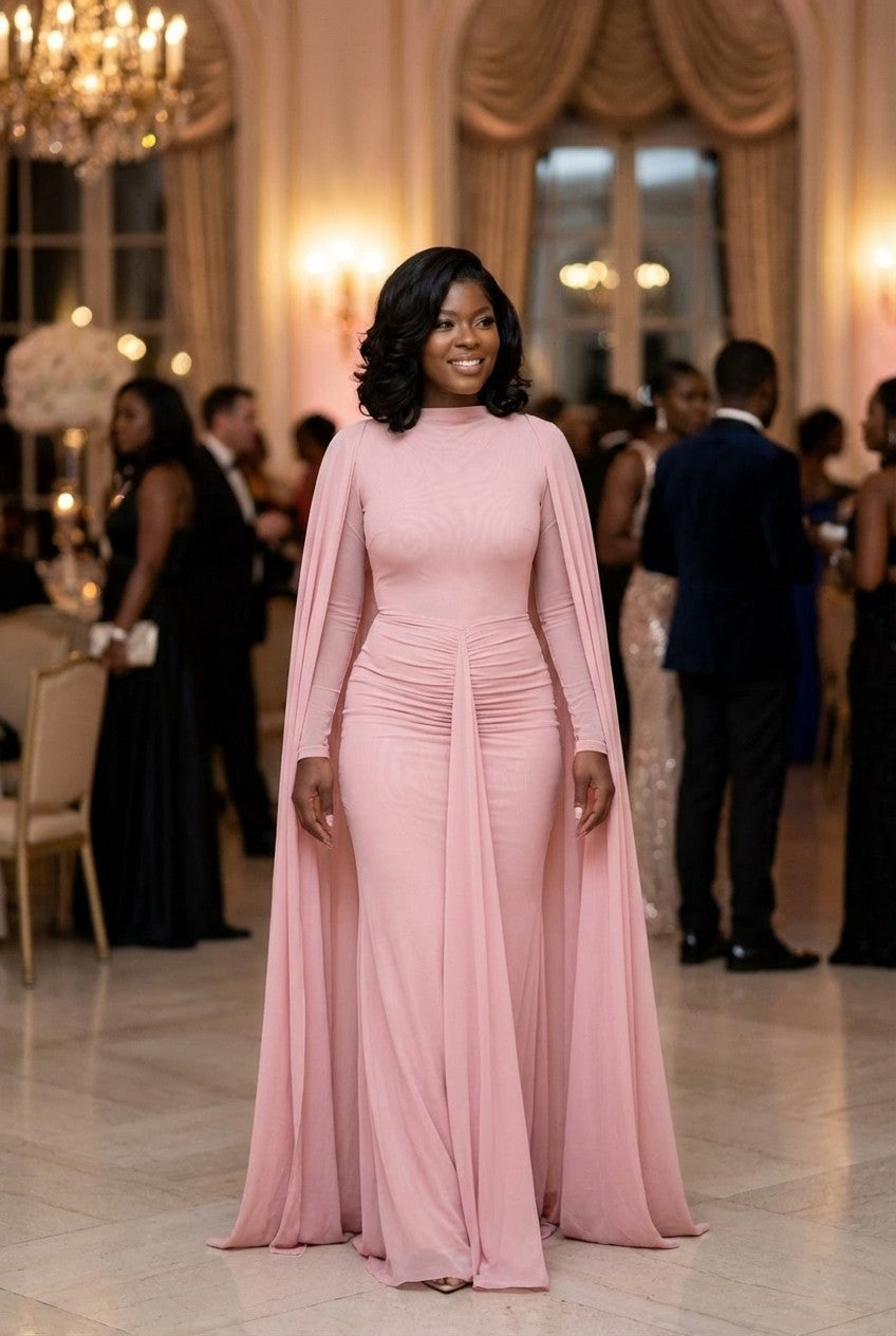 Ruched Mesh Floor-Length Gown with Cape Sleeves Evening Dress