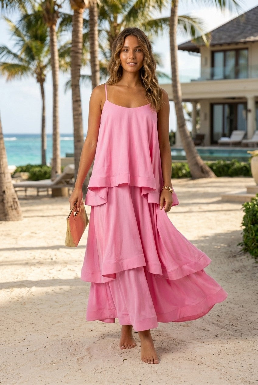 Blossom Pink Tiered Maxi Dress Flowy Spaghetti Strap Resort Style