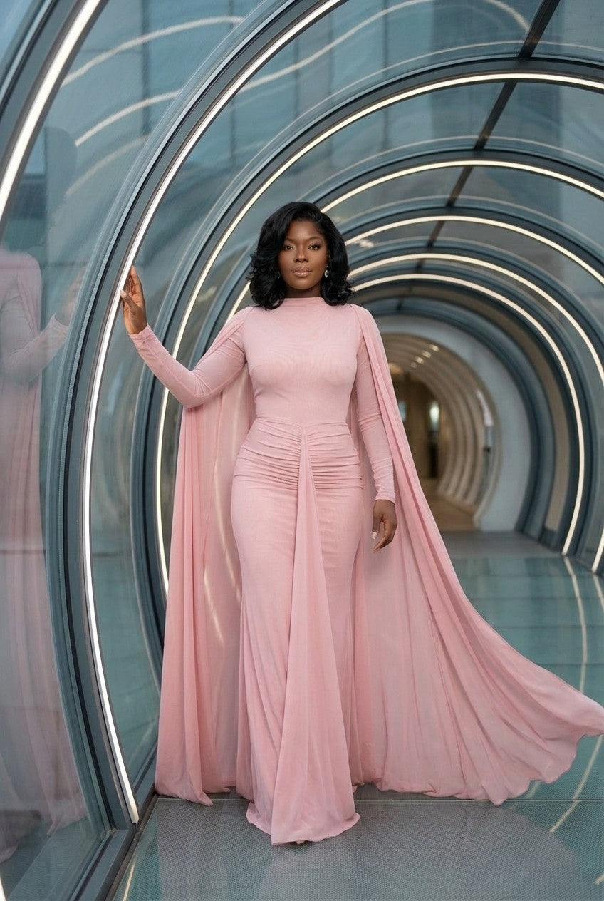 Ruched Mesh Floor-Length Gown with Cape Sleeves Evening Dress