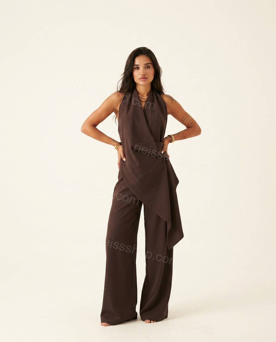 Dark Brown Lustre Wedding Guest Halter Jumpsuit Dark Brown Jumpsuit with Wide-Leg silhouette and Textured texture, clean studio product view for Wedding Guest, a gallery evening, Fall current summer selling first with a light late-summer/pre-fall accent: by rieissshop