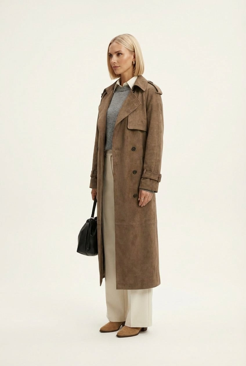 Soft Suede Trench Coat Double Breasted Long Classic Outerwear