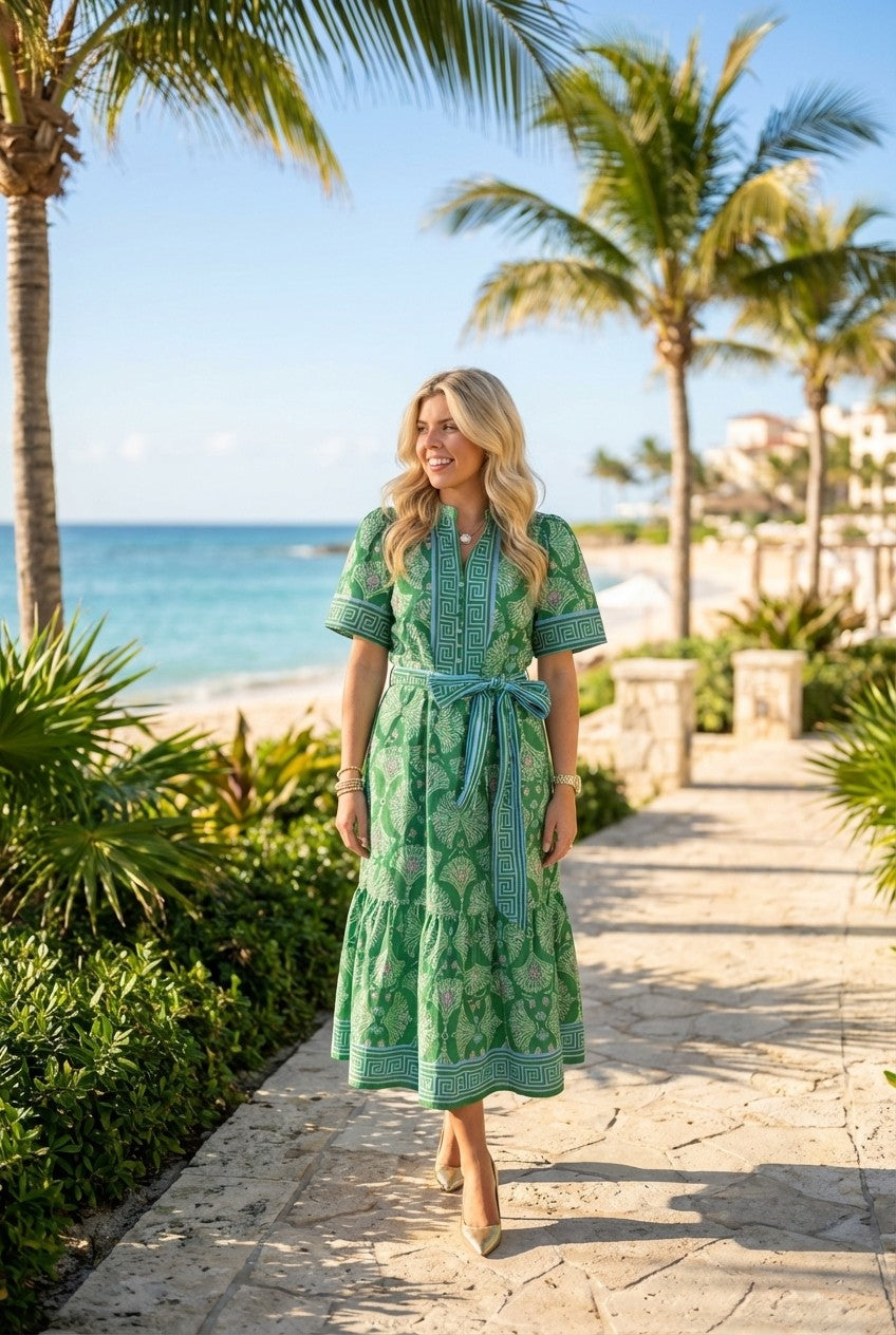 Women's Printed Cotton Midi Dress Belted Tiered Garden Party Style