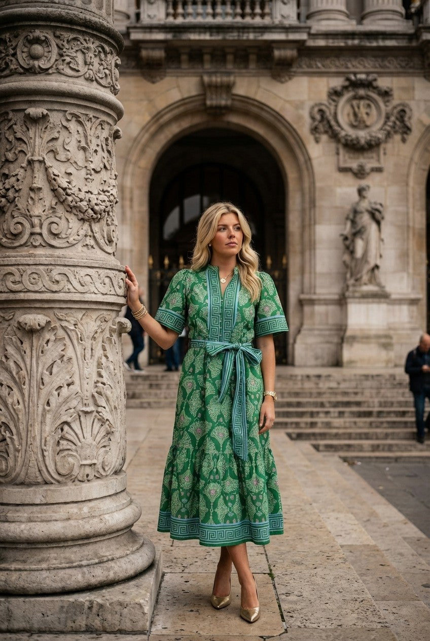 Women's Printed Cotton Midi Dress Belted Tiered Garden Party Style