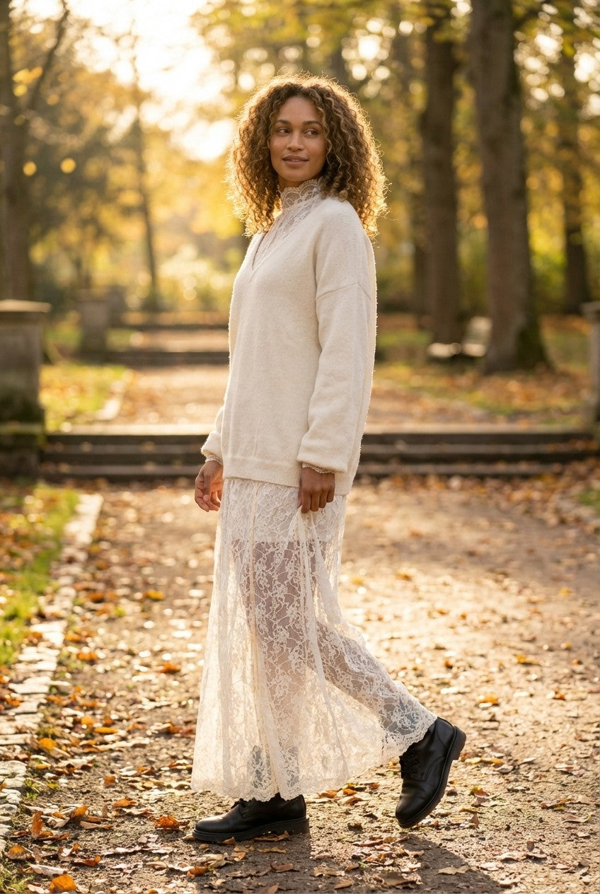 Soft Knit Sweater and Floral Lace Maxi Dress Set, Cream White