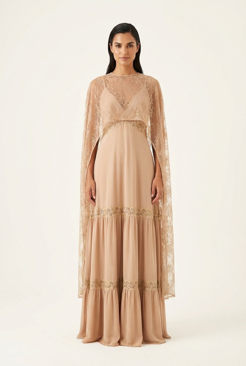 Floral Lace Cape Maxi Dress Flowing Tiered Formal Gown