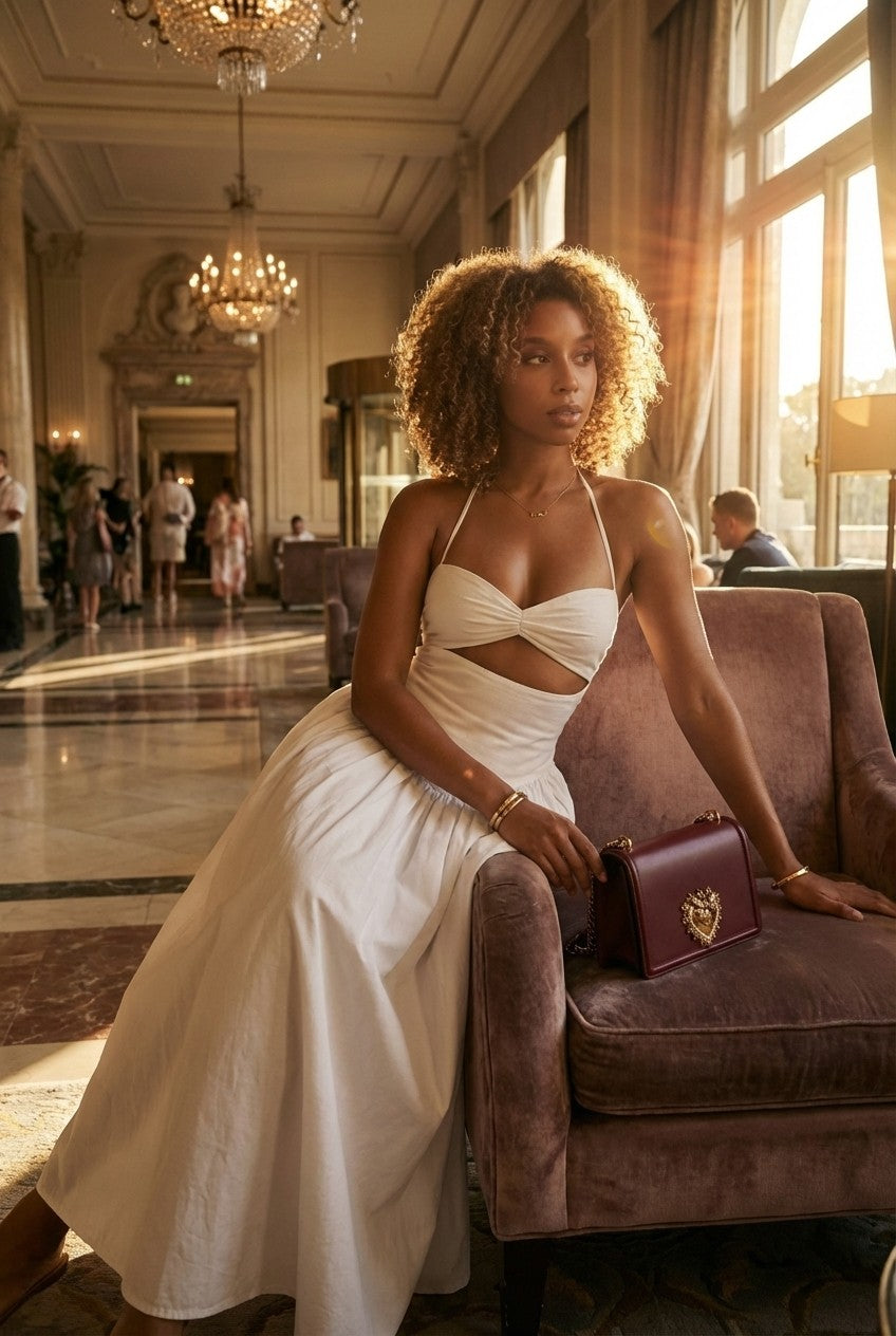 Women's White Cotton Halter Cut-Out Midi Dress Flowy Summer Vibe