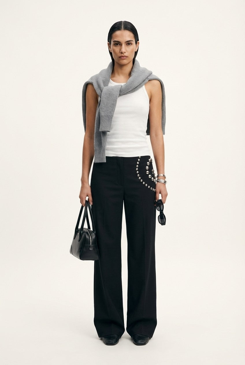 Studded Wide-Leg Cotton Pants With Silver Embellishments