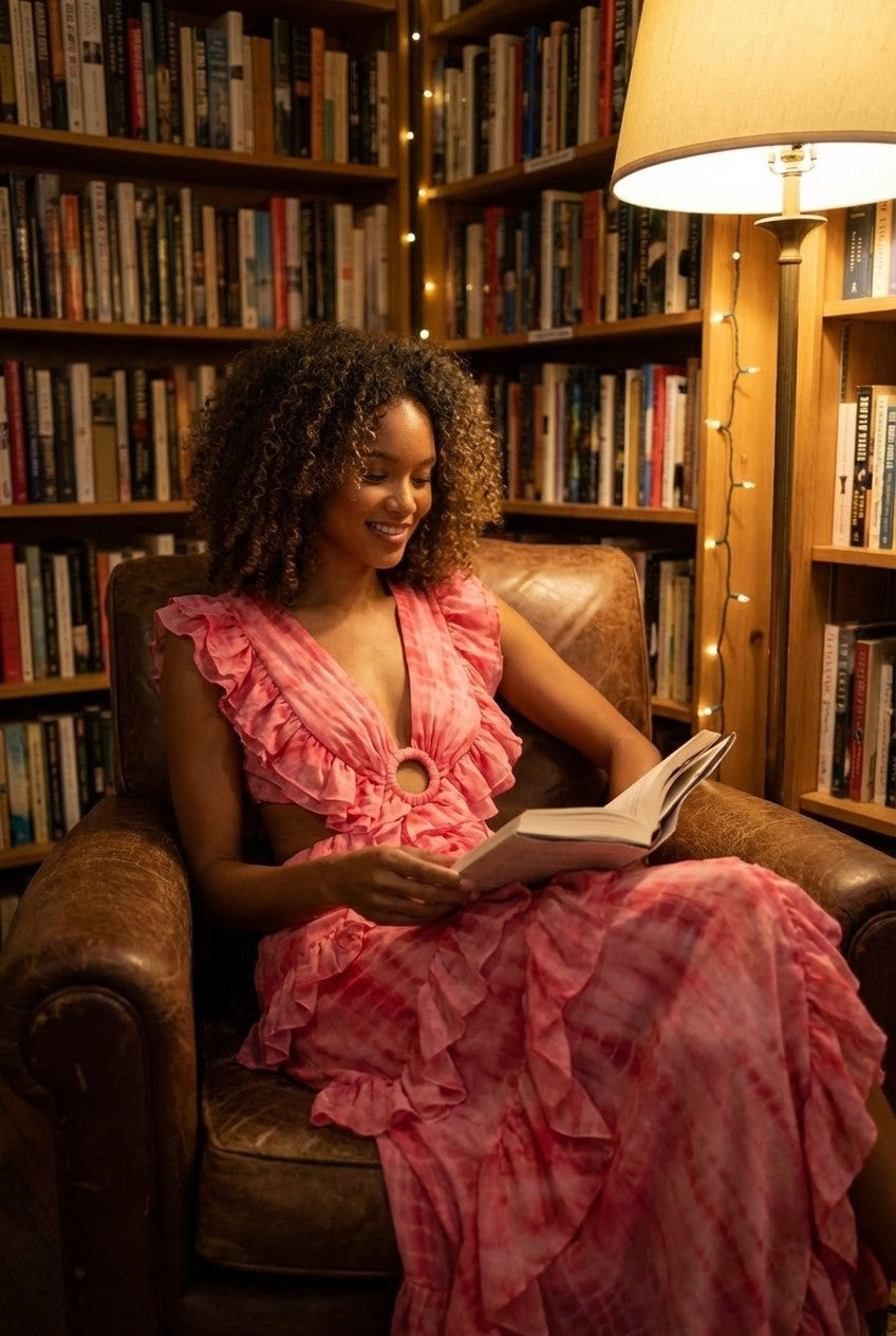 Pink Tie-Dye Ruffle Maxi Dress Ring Detail Cutout Vacation Gown