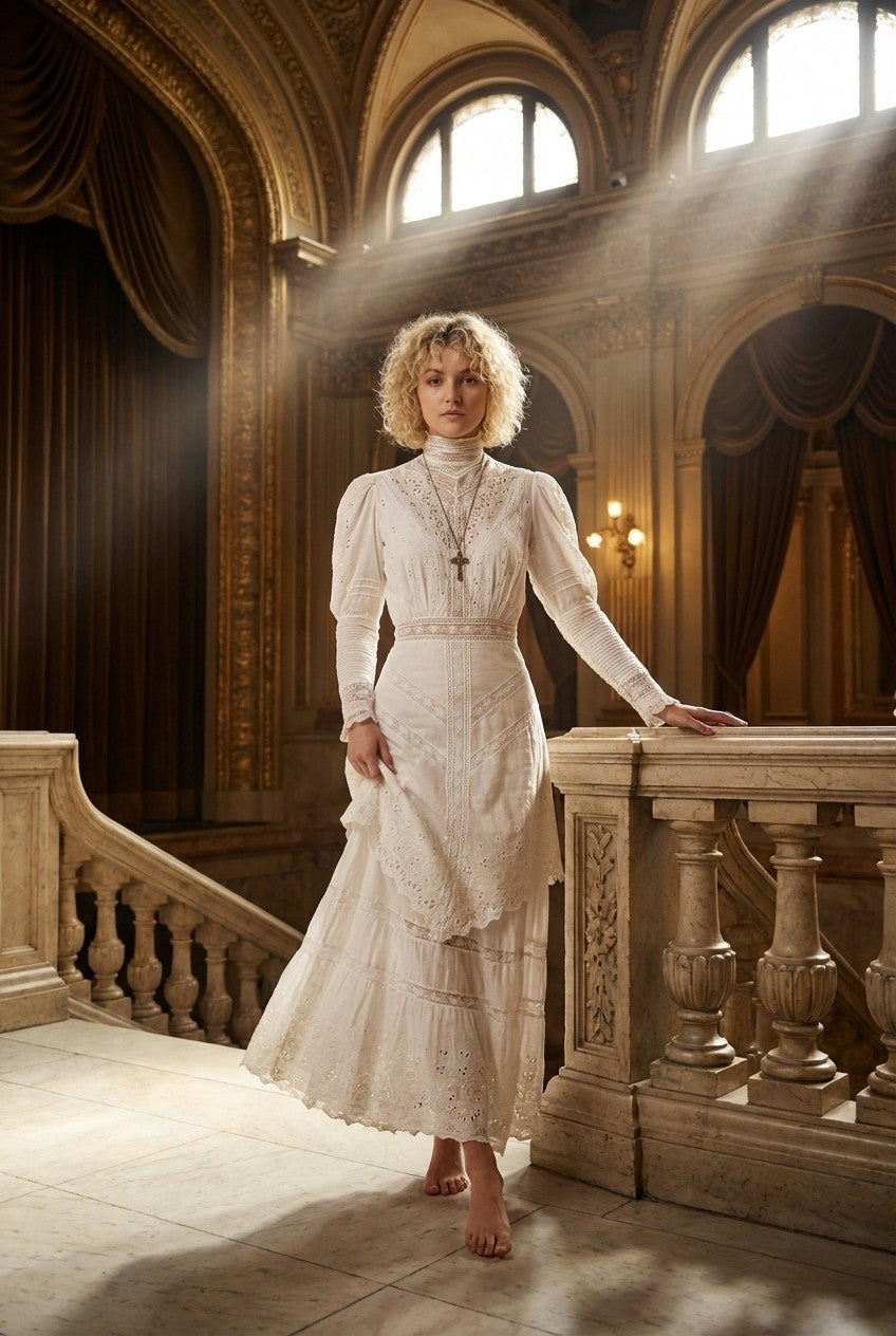 Women's Victorian Eyelet Lace Maxi Dress High Neck Romantic Vintage Style