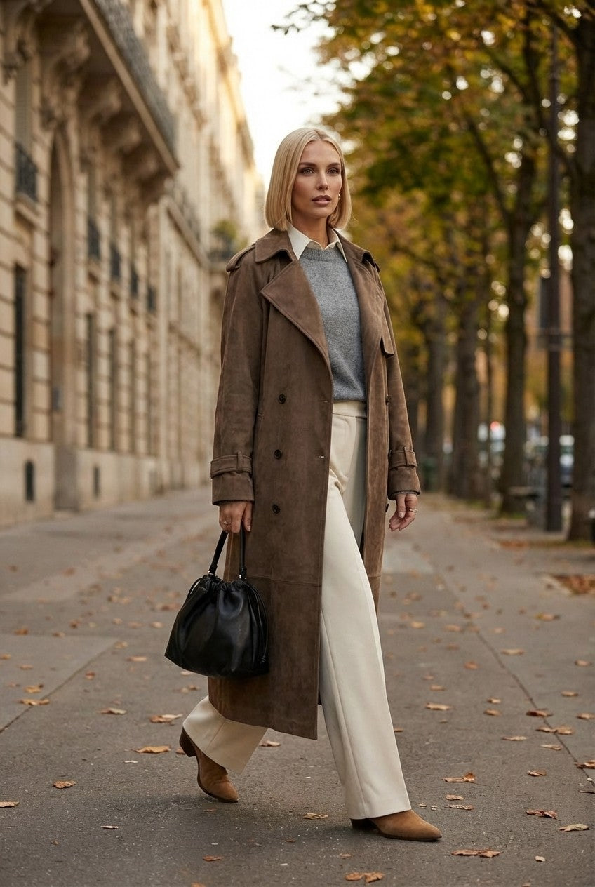 Soft Suede Trench Coat Double Breasted Long Classic Outerwear