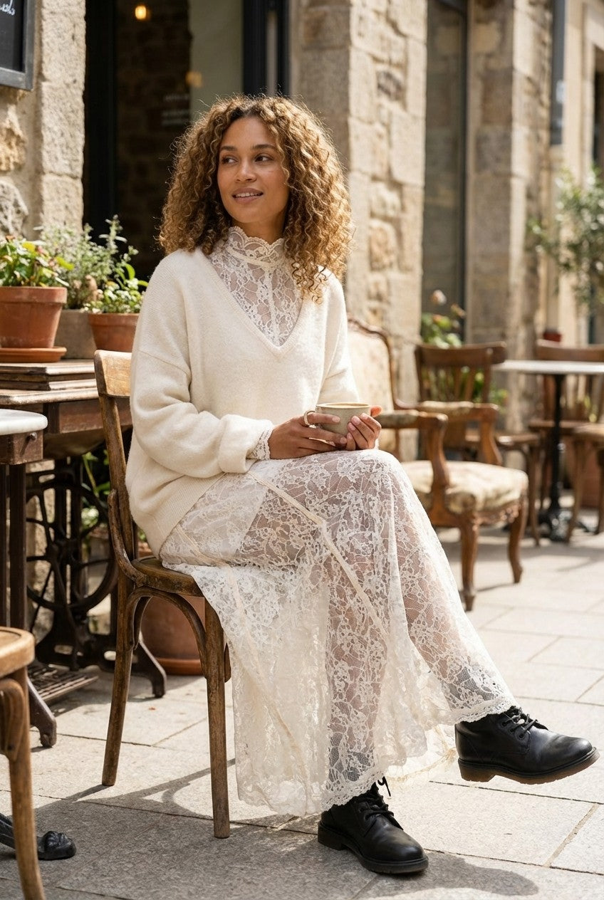 Soft Knit Sweater and Floral Lace Maxi Dress Set, Cream White