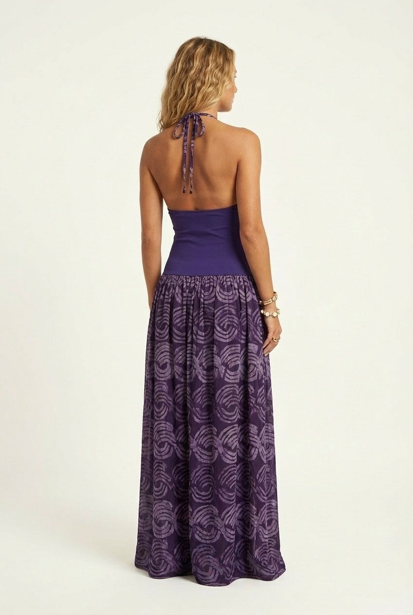 Halter Neck Printed Flowy Maxi Dress with Cinched Waist