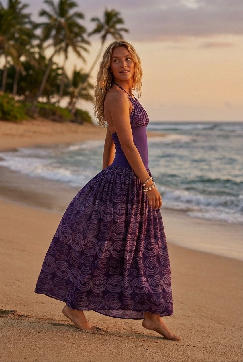 Halter Neck Printed Flowy Maxi Dress with Cinched Waist