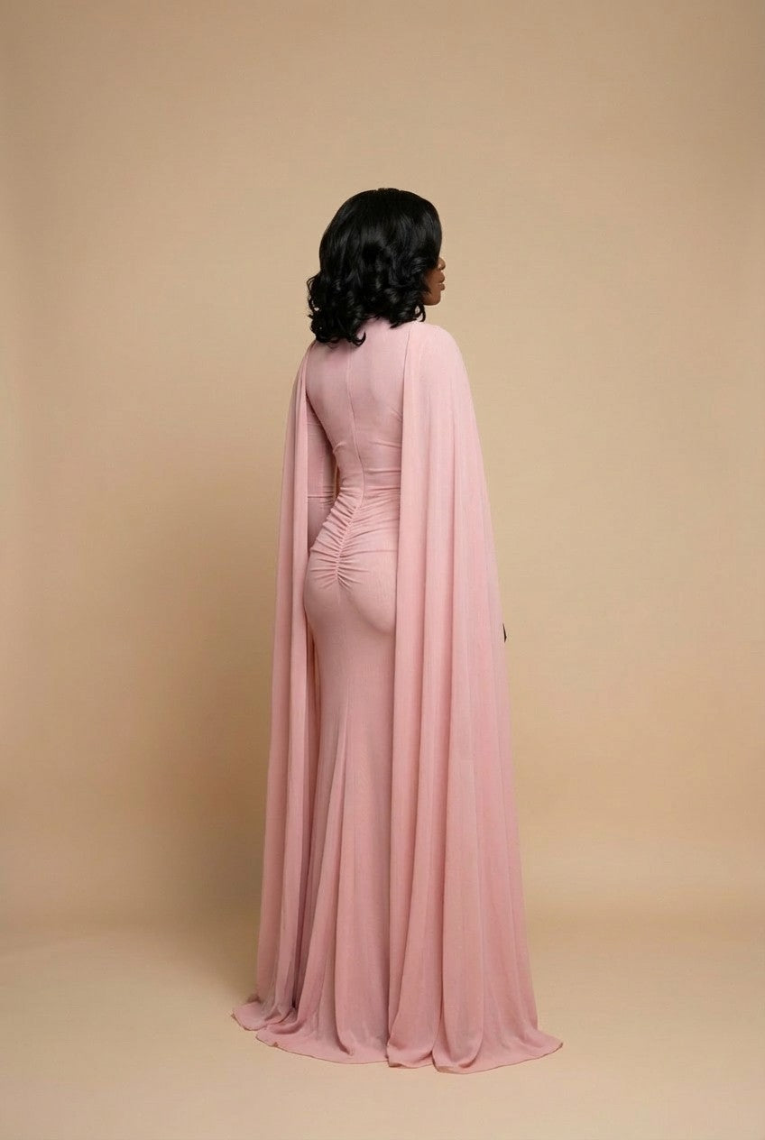 Ruched Mesh Floor-Length Gown with Cape Sleeves Evening Dress