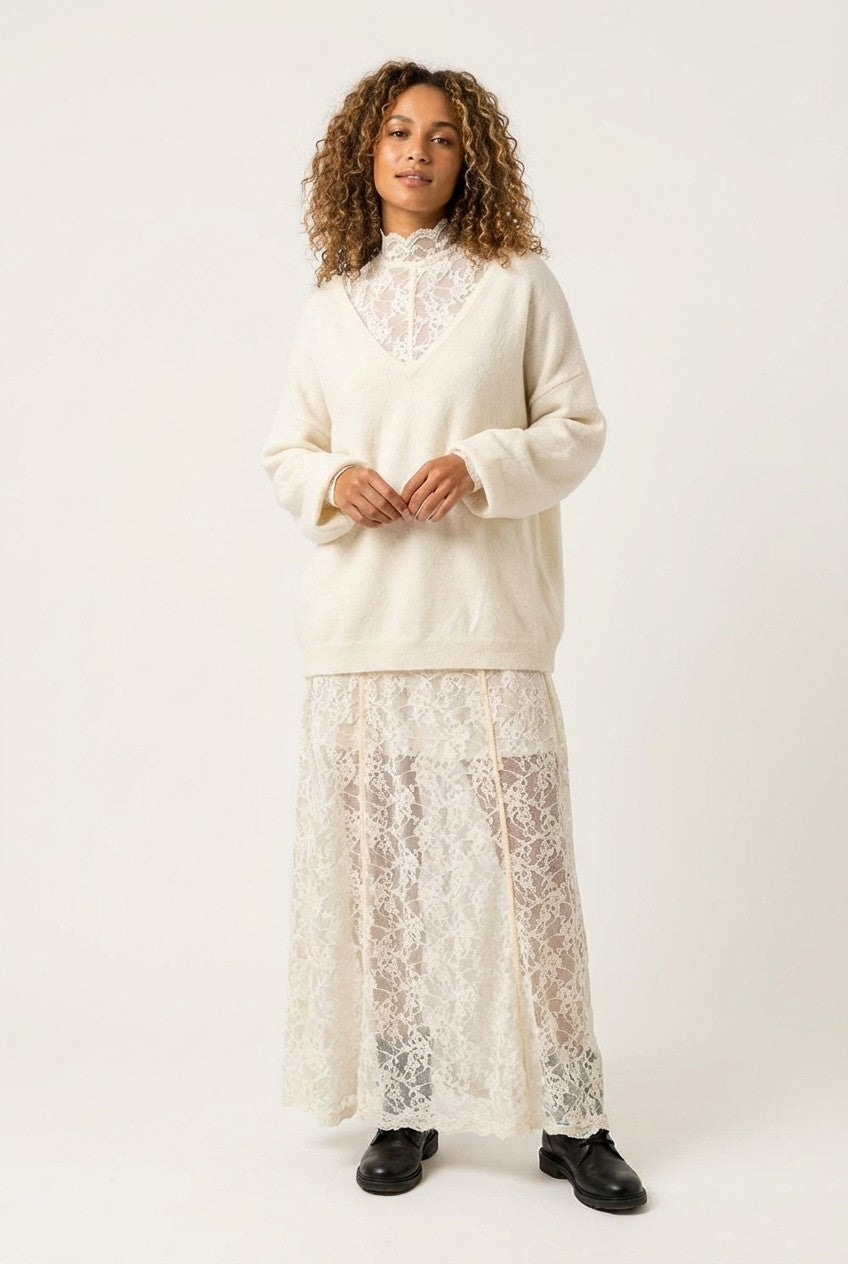Soft Knit Sweater and Floral Lace Maxi Dress Set, Cream White