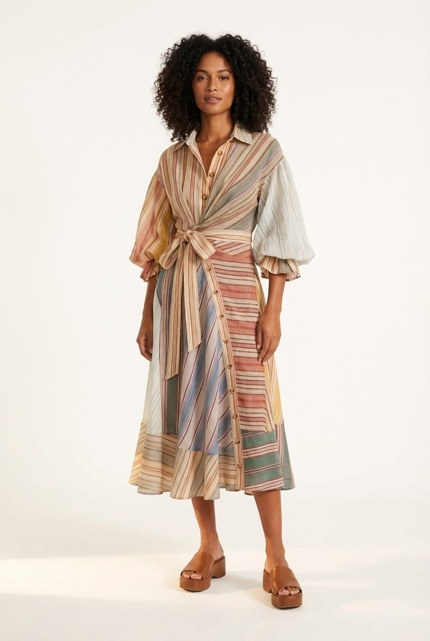 Striped Linen Blend Puff Sleeve Midi Shirt Dress Tie Waist