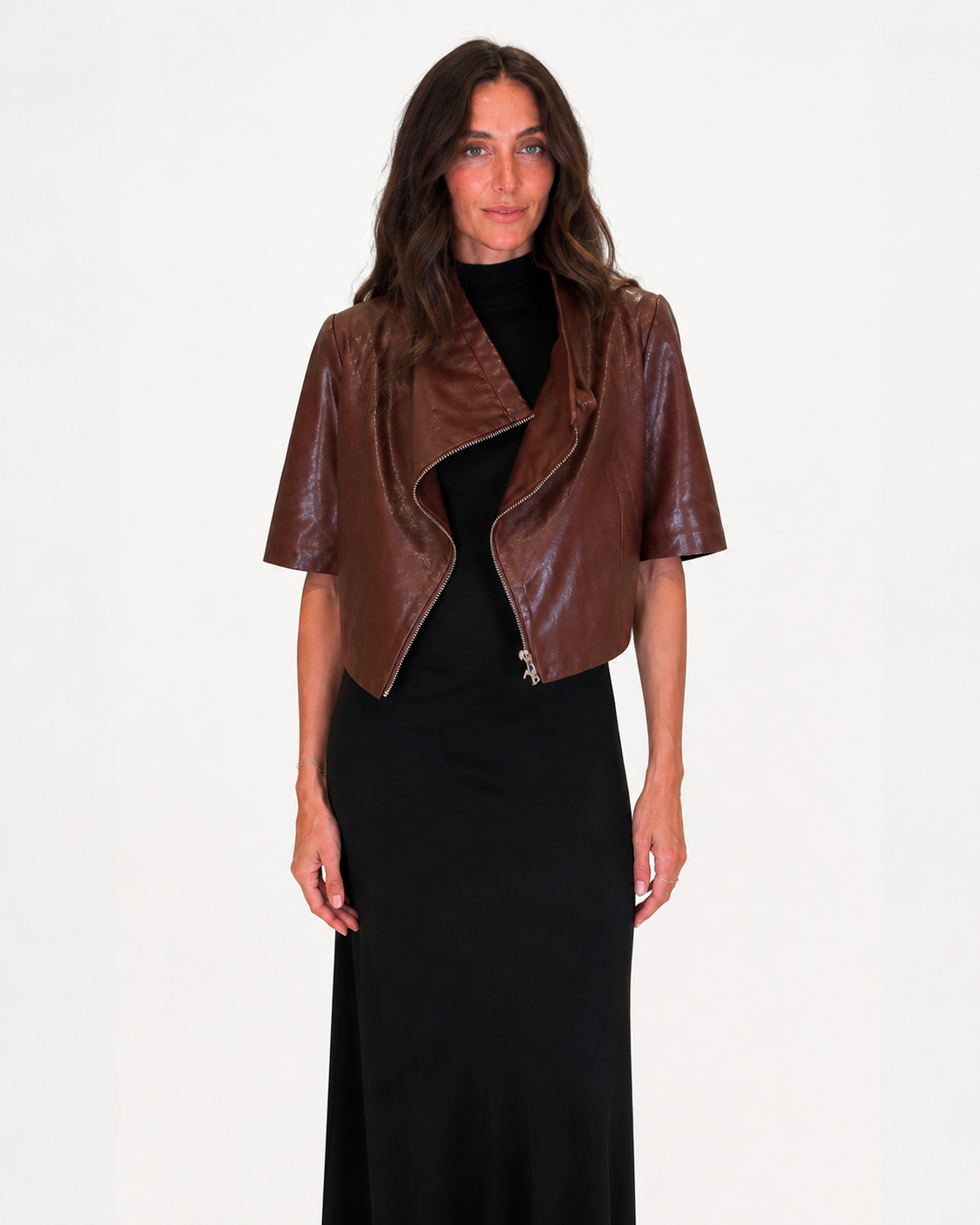 Black Polished Short-Sleeve Maxi Dress