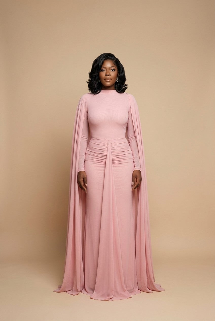 Ruched Mesh Floor-Length Gown with Cape Sleeves Evening Dress