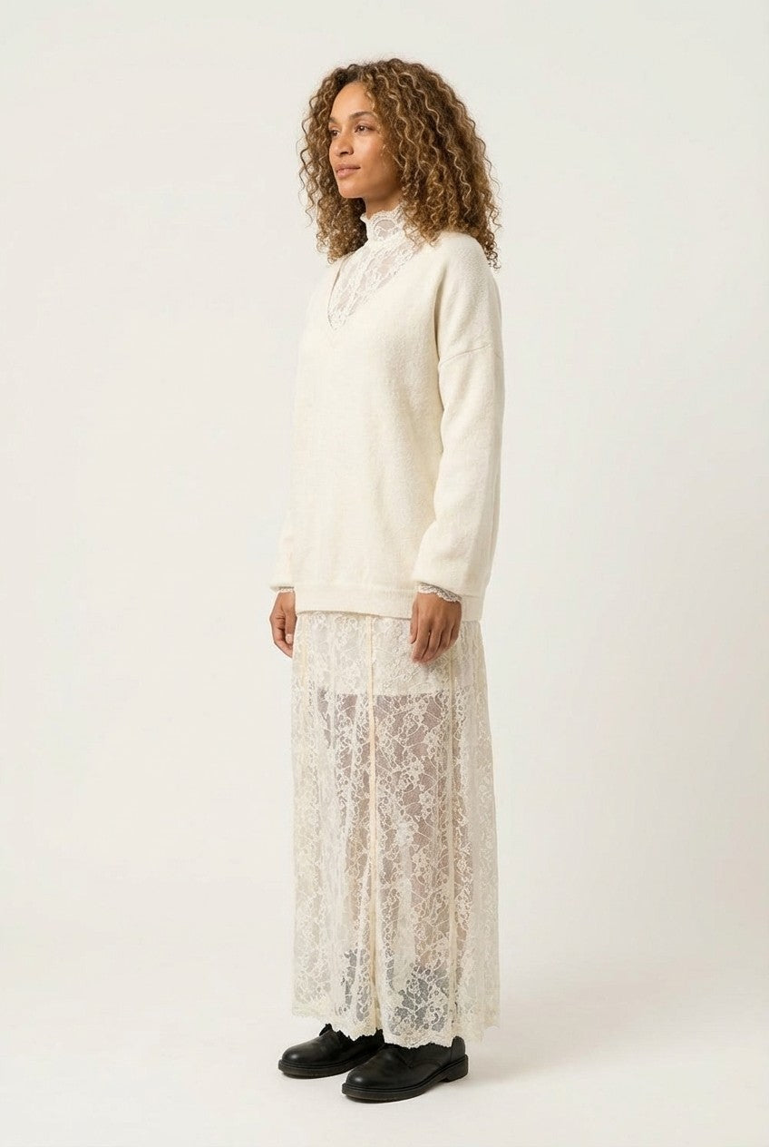 Soft Knit Sweater and Floral Lace Maxi Dress Set, Cream White